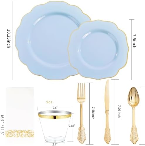 NOCCUR 175PCS Blue Plastic Plates with Gold Disposable Silverware - Include 50 Light Blue and Gold Plastic Plates,25 Knives,25 Forks,25 Spoons,25 Cups and 25 Napkins - Baby Shower/Party/Spring/Wedding - Image 2