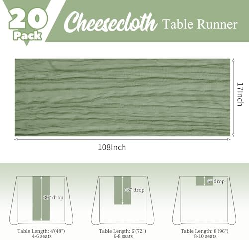 20 Pack Sage Green Table Runner 17 x 108inch Cheesecloth Table Runner Rustic Boho Gauze Sheer Fabric Cheese Cloth Table Runners for Wedding Party Bridal Baby Shower Birthday Spring Table Decor - Image 2