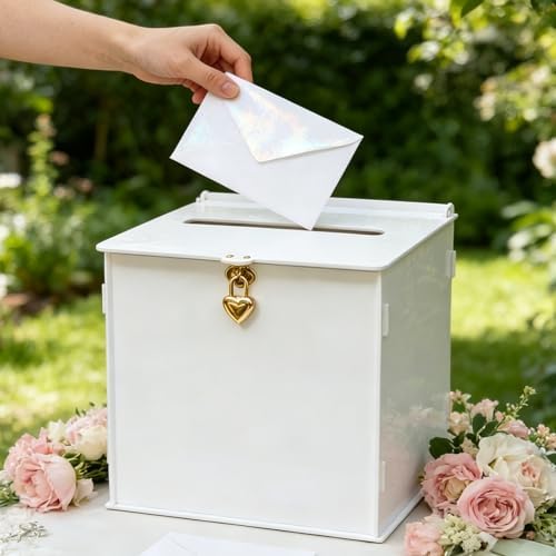 White Acrylic Card Box with Gold Heart Lock, Modern DIY Blank Wedding Card Boxes for Reception Monetary Gifts, Customizable Envelope Box for Party Graduation Bridal Baby Shower All Occasion - Image 3