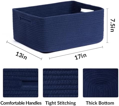MiniArk Large Storage Baskets for Shelves, 17 x 13 x 7.5” Closet Organizers Bins for Clothes Blanket Towels, Baby Nursery, Toy Baskets Box, Woven Rope Baskets, 2 Packs Navy Blue - Image 2