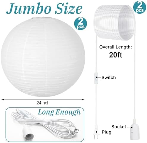 Rossesay 2 Sets Jumbo Round Paper Lanterns with Lamp Cord Cable White Hanging Paper Lanterns Chinese Japanese Pendant Hanging Lamp for Birthday Wedding Bridal Anniversary Party Decoration(24 Inch) - Image 2