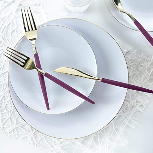 Luxe Party 128 Pieces Two Tone Plastic Disposable Cutlery | Forks-Spoons-Knives | Full Size | Chic Round | Purple and Gold - Image 5