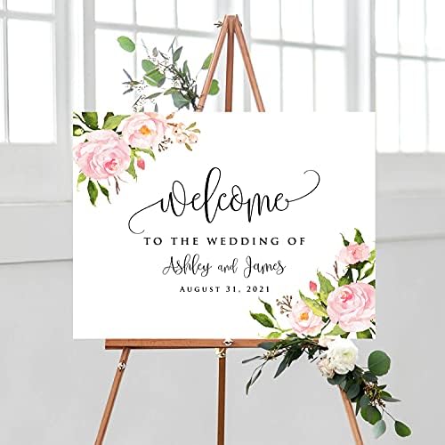 Personalized Horizontal Light Pink Floral Wedding Welcome Sign, Customized Rehearsal Dinner Couples Shower Anniversary Party Welcome Poster Board Canvas by BlissfulMelodyDesign