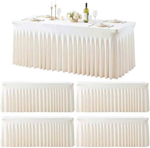 4 Pack Ivory Spandex Tablecloths for Rectangle Tables 6 Foot Ivory Stretch Table Cloth Rectangle 6ft Elastic Fitted Table Cover with Skirt for Wedding Birthday Party Banquet Baby Shower Buffet Event by Suppromo