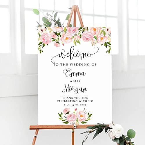 Personalized Light Pink Floral Wedding Welcome Sign, Customized Rehearsal Dinner Couples Shower Anniversary Party Welcome Poster Board Canvas by BlissfulMelodyDesign