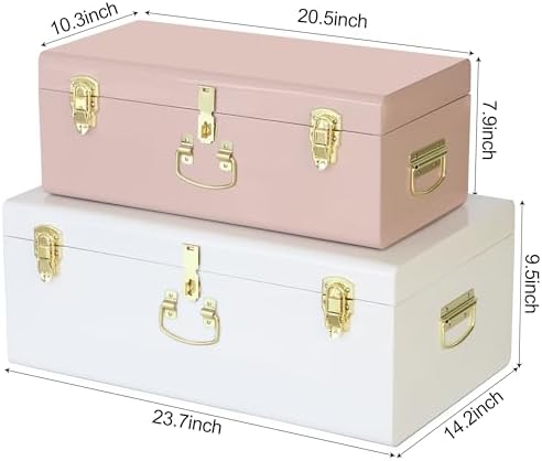 Vixdonos Metal Trunk Decorative Storage Box Set of 2 College Dorm Chest with Handle (Pink and White) - Image 2