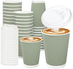 Whaline 100 Pcs Sage Green Disposable Coffee Cups with Lids 12 Oz Solid Green Paper Cups Corrugated Ripple Wall Insulated Hot Cup for Home Office Party Supplies by Whaline