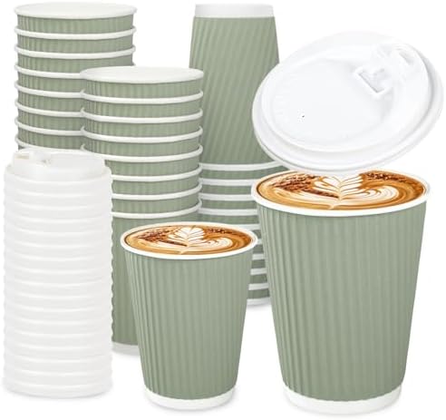 Whaline 100 Pcs Sage Green Disposable Coffee Cups with Lids 12 Oz Solid Green Paper Cups Corrugated Ripple Wall Insulated Hot Cup for Home Office Party Supplies by Whaline