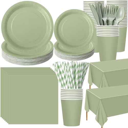 Funnymoom 452 Pcs Sage Green Party Supplies for 50, Sage Green Paper Plates Cups Napkins Tablecloth Cutlery Straws Tableware for Wedding Bridal Shower Birthday Baby Shower Party by Funnymoom
