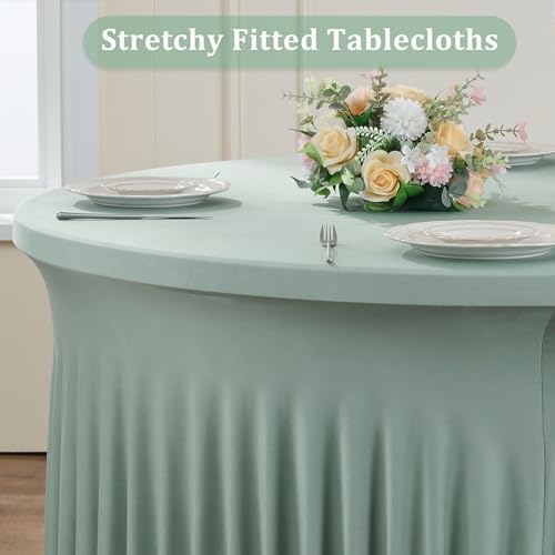 6 Pack Sage Green Spandex Round Tablecloths for 72 inch Table, Wrinkle Free Stretchy 132inch Fitted 6ft Round Table Cover Cloths with Skirt for Wedding Party Dining Banquet - Image 2