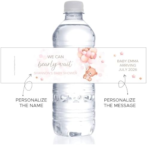 We Can Bearly Wait Pink Theme Baby Shower Water Bottle Label - Pack of 20 to 200 Labels - Image 2