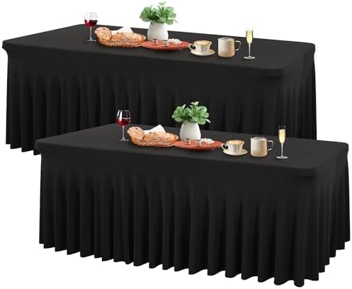 Wish Care 2 Pack Black Spandex Table Cloths - Fitted, Wrinkle Free, 6ft Rectangle Table Cover for Party, Banquet, Wedding & Events by WishCare