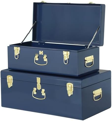 Vixdonos Decorative Large Metal Box Storage Trunk Chest Set of 2 College Dorm Organizer with Hardware Hasps and Handle for Home Deocr,23.7X14.2X9.5 Inches,Dark Blue by Vixdonos