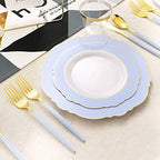 WDF 150pieces Baby Blue Plastic Plates with Gold Rim - Disposable Gold Plastic Silverware With Blue Handle-Baroque Light Blue&Gold Disposable Plates Dinnerware for Wedding/Party (Pack of 2) - Image 4