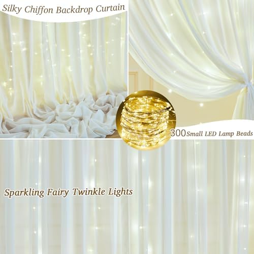 10ft x 10ft Beige Chiffon Backdrop Curtain with Lights String for Parties,2 Panels Sheer Chiffon Curtain Wedding Backdrop with Lights for Baby Shower Birthday Party Ceremony Reception Home Decorations - Image 2