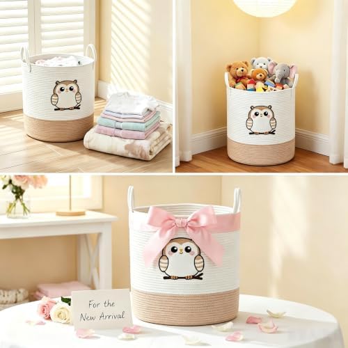 Owl Laundry Basket, Large Cotton Rope Hamper for Nursery - Image 4