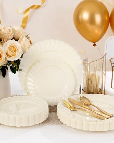 YOUBET 100PCS Ivory Scalloped Plastic Plates for Wedding Party - Image 5