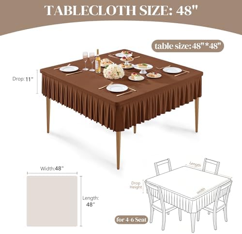 Wish Care 2 Pack Brown Spandex Tablecloths for 48x48 Inch Square Tables, Stretch Fitted Table Clothes with Pleated Ruffle Skirt for 48” Table, Wrinkle Free and Elastic, for Party Kitchen Home Dining - Image 4