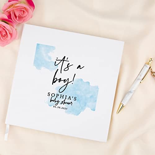 Andaz Press Personalized Baby Shower Guestbook with Gold Accents, Watercolor It's A Boy Custom Guestbook, Blue, White Guest Sign-In Registry, 120 Pages 8.5" Memories Book for DIY Scrapbook Photo Album - Image 4