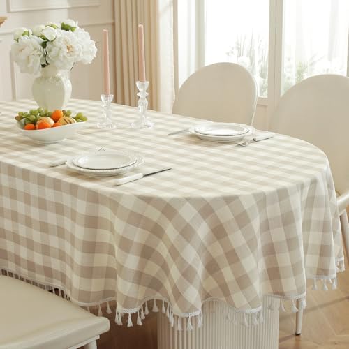 Laolitou Checkered Oval Tablecloth Washable Buffalo Plaid Cotton Linen Gingham Table Cover with Tassel for Picnic Kitchen Dining Room, Beige, 60 x 84 Inch by Laolitou