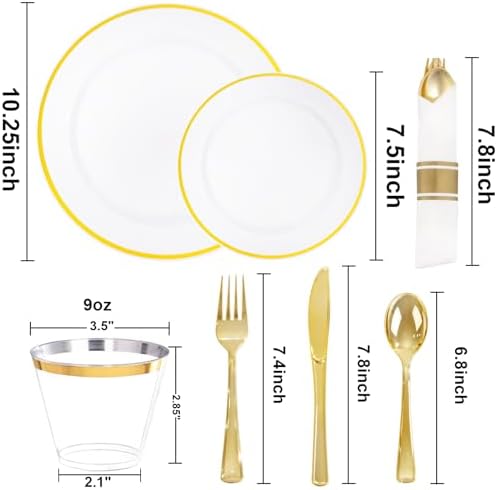 SUT 175 Pcs White and Gold Plastic Plates, Plastic Dinnerware Set for 25 Guests, Disposable Plates and Napkins Party Supplies, Gold Silverware, Plates, Cups and Napkins Sets for Party, Weddings - Image 3
