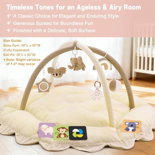 5-in-1 Baby Activity Gym & Play Mat with 6 Hanging Toys, Tummy Time Mat & Cards - Extra Large, Reversible Machine Washable Pad - Gift for Newborns, Infants 0-12 Months, Cream - Image 5