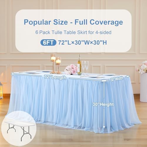 6 Pack Baby Blue Tablecloth for 6 Foot Rectangle Tables Tulle Table Skirt - Image 5