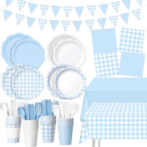 Ceenna 392 Pcs Blue Gingham Paper Plates Napkins Cup Party Supplies for 48 by Ceenna