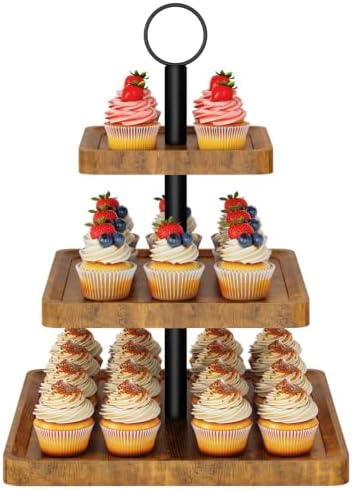 IBUYKE 3 Tier Square Cupcake Stand,Rustuc Brown TLJ030H by IBUYKE