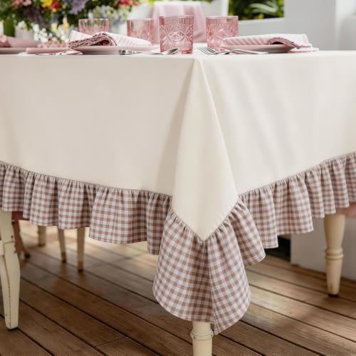 Retro Farmhouse Ruffle Tablecloth 60" x 120" Plaid Flounces Trim Washable Table Cover Tablecloths for Rectangle Table Picnic Kitchen Dining Room Home Party Wedding Decor Khaki Gingham Patchwork - Image 6