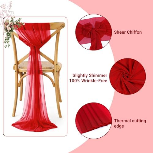 MDS Pack of 200 Chiffon Chair Sashes for Wedding & Event Décor - Red - Image 3