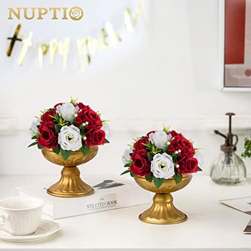 NUPTIO Artificial Flower Centrepieces for Tables - 10 Pcs Crimson & White Fake Flowers Roses Balls 9.5in Diameter - Silk Faux Rose Arrangement for Wedding Party Centerpiece Table Decorations - Image 3