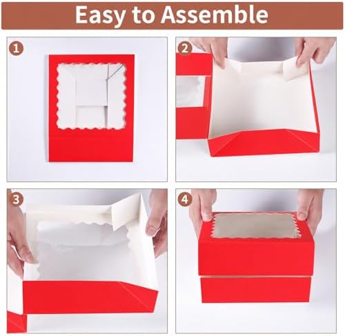 24 pcs Red Pie Boxes,12x12x3 Inch Auto-Popup Bakery Boxes with Window Donuts Chocolate Muffins Donuts Pastry Dessert Cookie Box For Packaging - Image 5