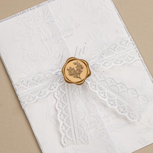 UNIQOOO 50 Sets Wedding Invitation Kit, White Floral Vellum Jackets for 5x7 Invitations w/Lace Ribbon & Eucalyptus Wax Seal Stickers, Wedding Invitation Accessories - Image 7
