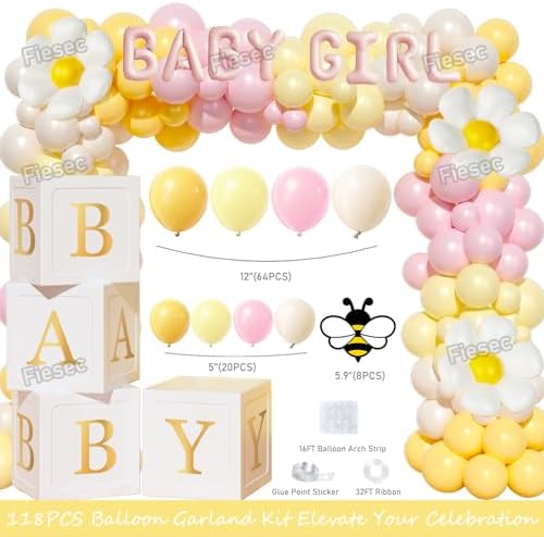 Bee Baby Shower Decorations for Girl – 126PCs Honey Bee Themed Party Supplies Set with Sweet as can Bee Backdrop, Pink Yellow Balloon Garland Kit, Tablecloth, Sash, Badges - Image 3