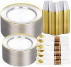 BESTSTAR 350PCS Clear and Gold Disposable Plastic Plates Set for 50 Guests by BESTSTAR