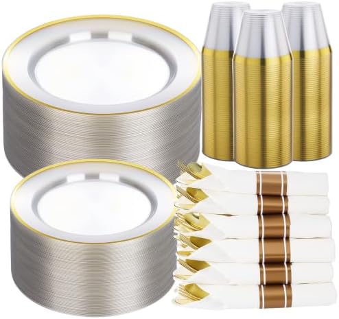 BESTSTAR 350PCS Clear and Gold Disposable Plastic Plates Set for 50 Guests by BESTSTAR