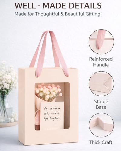 VAGREEZ Gift Bags with Clear Window, Reusable Small Medium Kraft Transparent Window Paper Bags with Handles in Assorted Colors and Bulk Pack for Party, Wedding, Birthday and Small Business, Blush Cream / Small / 30 Pack - Image 4