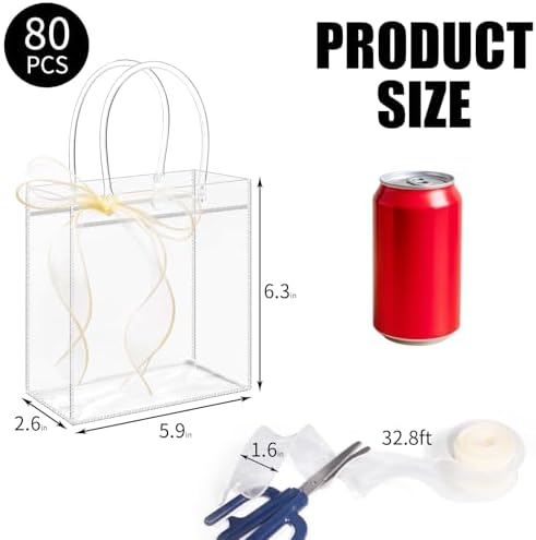 WDSHCR 80 PCS Clear Plastic Gift Bags with Handles, Party Favor Bags with Ribbons, Reusable Goodie Tote Bags for Wedding, Baby Shower, Birthday (Clear 5.9 x 6.3 x 2.8, 80 Pack) - Image 2