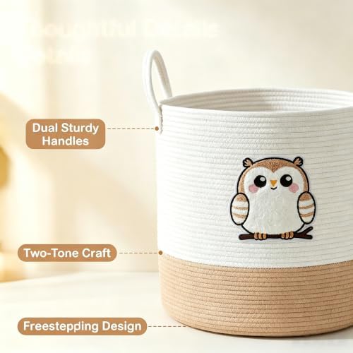 Owl Laundry Basket, Large Cotton Rope Hamper for Nursery - Image 6