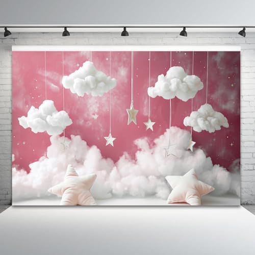 10x5ft Cloud Backdrop Sky Starry Star White Pink Photography Background Baby Shower Banner for Girl Baby Birthday Party Decoration Newborn Photoshoot Prop Cake Smash Photo Booth Prop - Image 4