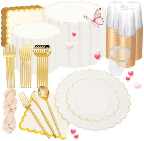 351 Pcs Ivory Plastic Dinnerware Set Disposable Party Plates for Wedding by WWONDERFUL