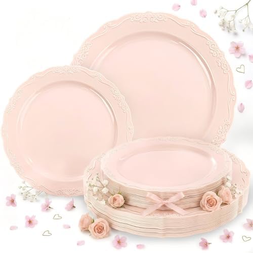 Tinybee 60PCS Pink Plastic Plates - Heavy Duty Pink Disposable Plates by Tinybee