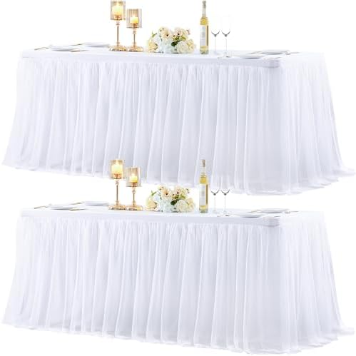 2 Pack White Table Cloth for 6 Foot Rectangle Tables, White Stretch Fitted Tulle Table Covers Skirt, Rectangular Ruffle Tutu Tablecloth Wedding Banquet Baby Shower Cake Tablecloths Decorations by Tao-GePartyDecorations