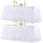 2 Pack White Table Cloth for 8 Foot Rectangle Tables, White Stretch Fitted Tulle Table Covers Skirt, Rectangular Ruffle Tutu Tablecloth Wedding Banquet Baby Shower Cake Tablecloths Decorations by Tao-GePartyDecorations