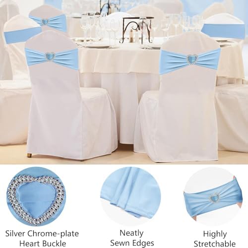 Baby Blue Spandex Chair Sashes 50 Pack Light Blue Sashes for Chairs Covers Stretch Chair Sashes Band with Heart Buckle Slider Wedding Sashes Bows for Banquet Party Event Decoration - Image 3