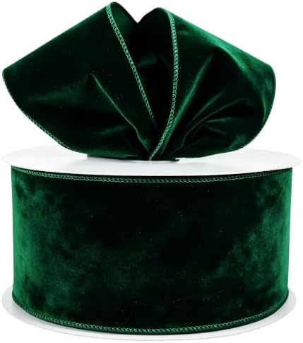 Meseey 4 Inch 50 Yards Dark Green Velvet Wired Ribbon - Premium Soft Velvet Ribbon with Wire Edges for Christmas Tree Decor, Thanksgiving, Wedding, Rustic Decor, Gift Wrapping, DIY Crafts by MeseeyRibbonBow