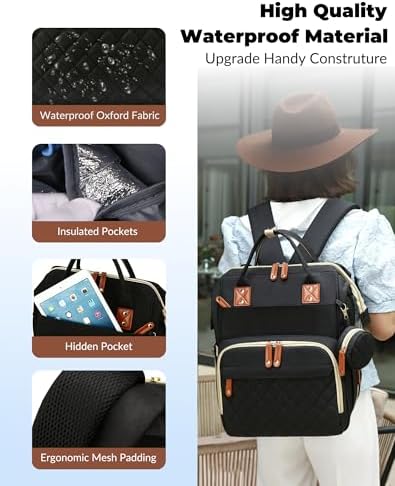 Diaper Bag with Changing Station, Waterproof 3 in 1 Diaper Backpack with Foldable Changing Pad, Insulated Bottle Holders,Large Travel Backpack for Mom & Dad, Baby essentials,Black - Image 6