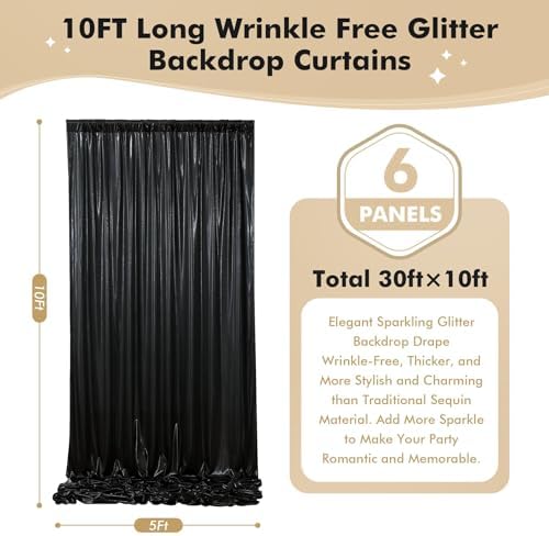 30ftx10ft Shimmer Black Sequin Backdrop Curtain for Parties, Thick Wrinkle Free Glitter Backdrop Drapes Photo Back Drop Curtains for Birthday Wedding Halloween Photography Background-6 Panels 5x10ft - Image 5