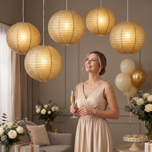 Generic Paper Lanterns Round Decorative Ball Lanterns Lamps for Weddings, Birthdays, Parties and Events 16-Inch 5 Packs (Gold) - Image 3